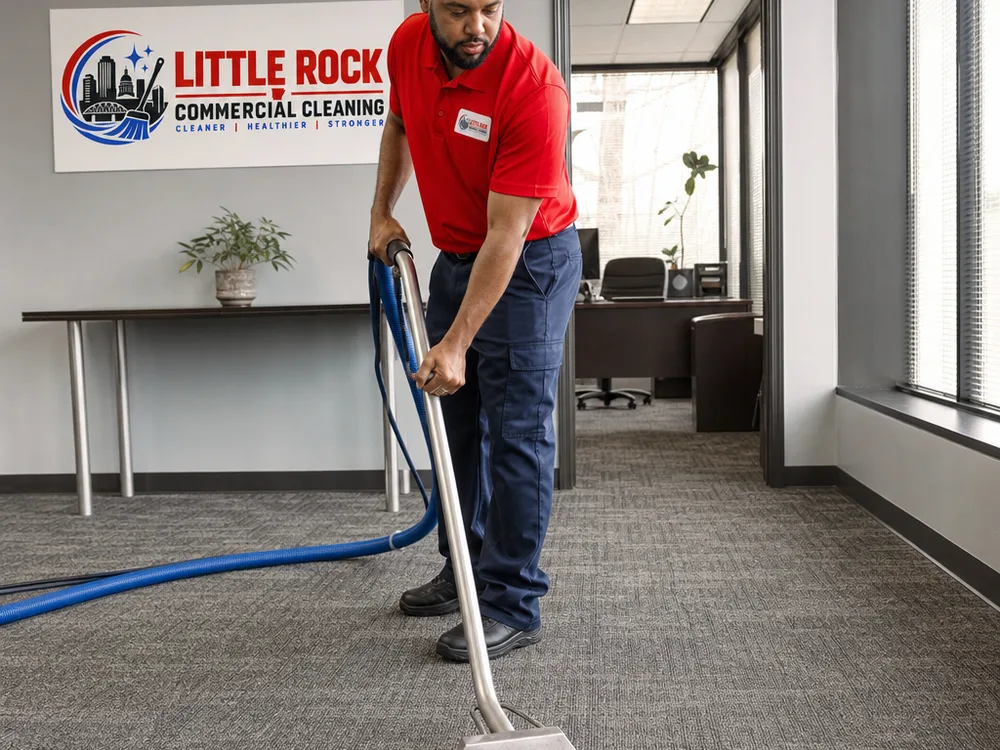 Technician vacuuming carpet lines and edging corners in an office suite