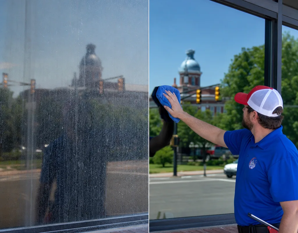 Before-and-after comparison showing a hazy, spotted pane beside clean glass with sharp reflections