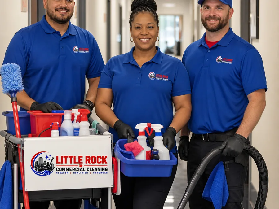 Little Rock commercial cleaning team in uniform with supplies and equipment